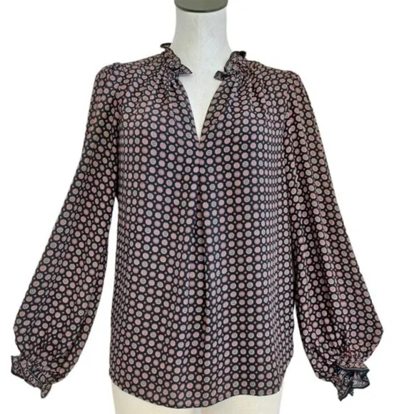 Max Studio Black Print Long Sleeve V Neck Popover Top - Picture 4 of 6